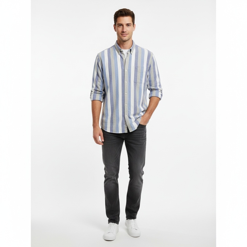 BASIX Mens Blue White Grey Striped Collared Long Sleeve Button Shirt Size Medium